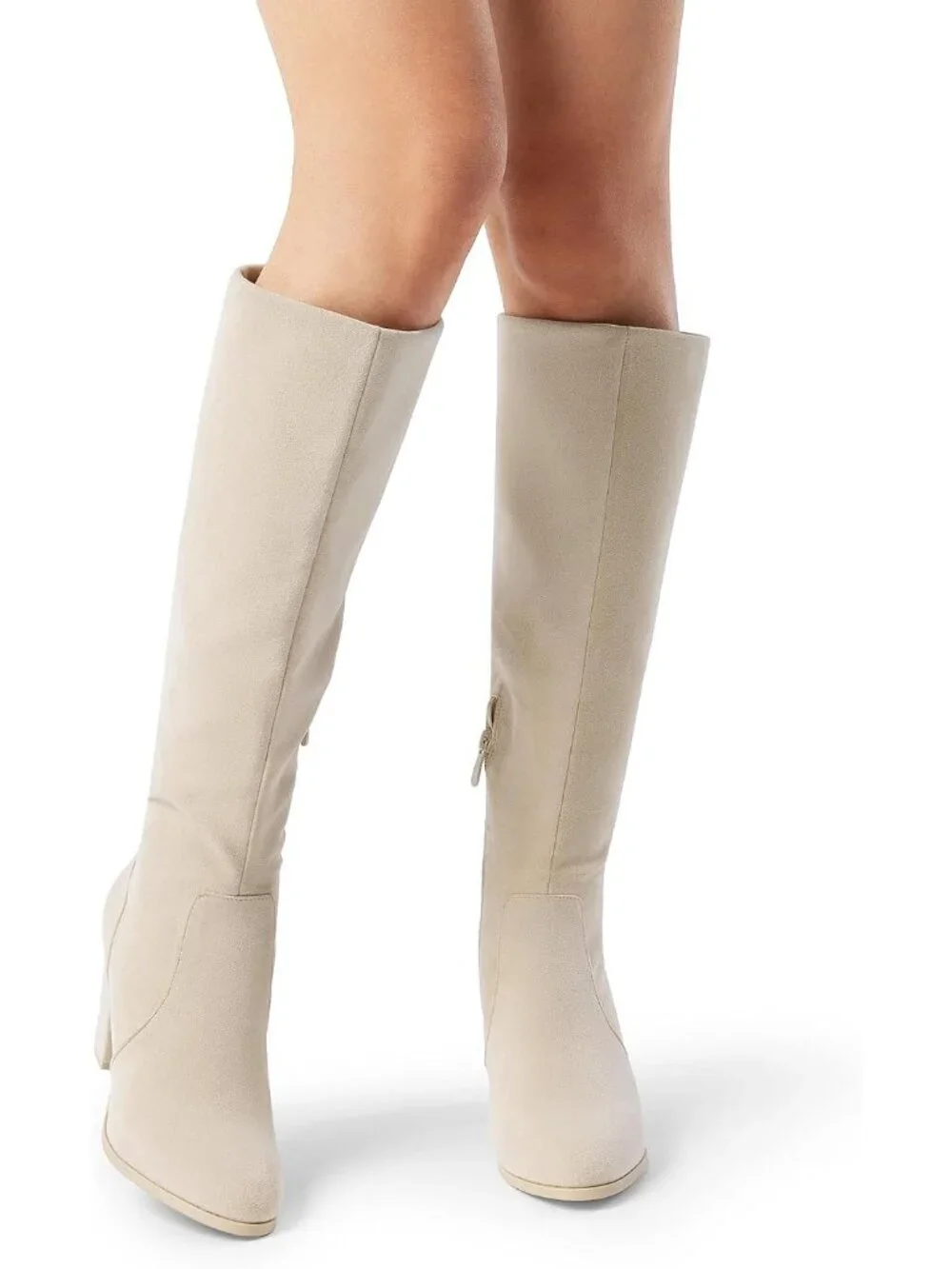 Women's Beige Faux Fur Lined Square Toe Side Zipper Knee High Riding Boots